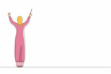 Arka planda kalan tek sıra Arap kadın orkestra şefi, smokinli kadın müzisyen klasik enstrümantal senfoni orkestrasını yönetiyor. Bir çizgi çizimi tasarım vektörü illüstrasyonu