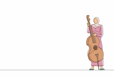 Devamlı bir çizgi halinde çift bas gitarist büyük bir telli enstrümanla ayakta duruyor. Kadın müzisyen parmaklarıyla klasik müzik çalıyor. Profesyonel kaçakçılık. Tek çizgi çizme tasarım vektörü