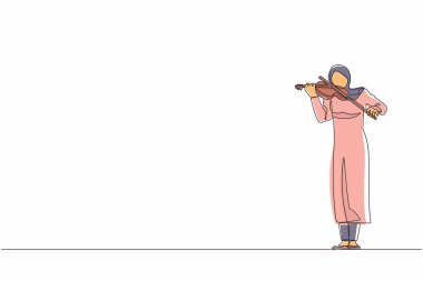 Tek sıra halinde, keman çalan Arap kadın müzisyen. Müzik enstrümanı olan klasik bir müzisyen. Müzik festivalinde keman çalan bayan müzisyen. Devamlı çizgi tasarım grafik vektörü