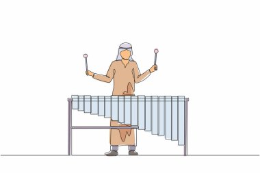 Arap perküsyoncunun marimba çaldığı tek sıra. Erkek müzisyen müzik festivalinde geleneksel Meksika marimba enstrümanı çalıyor. Bir çizgi çizimi grafik tasarım vektör çizimi