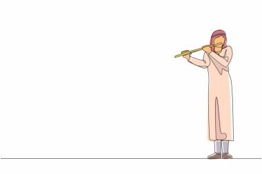 Sahnede flüt çalan Arap erkek müzisyenlerin durduğu tek sıra. Flütçü rüzgar enstrümanında klasik müzik çalıyor. Yetenekli flütçünün tek kişilik performansı. Bir çizgi tasarım vektörü