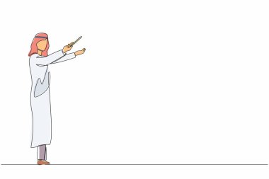 Tek sıra halinde, Arap müzik şefini çekiyor. Erkek müzisyen, senfoni orkestrasını yönetiyor. Klasik müzik performansı, enstrümantal topluluk. Bir çizgi grafik tasarım vektörü