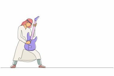 Sürekli olarak, elektronik gitar çalan Arap erkek müzisyen çiziyor. Gitar çalan bir adam. Gitarist sahnede müzik enstrümanı çalıyor. Tek çizgi çizimi tasarım vektörü grafiği