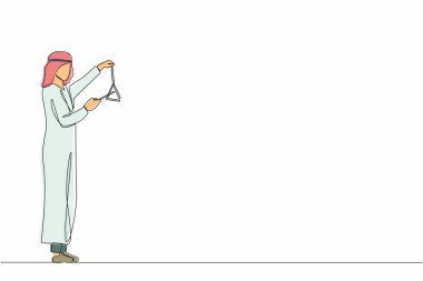 Müzikal üçgen oynayan tek bir Arap müzisyen çizgisi. Müzik enstrümanlı klasik müzik orkestrası sanatçısı. Profesyonel müzisyen sahnede sahneye çıkıyor. Bir çizgi tasarım vektörü