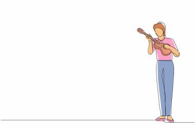 Tek sıra halinde ukulele çalan ve şarkı söyleyen neşeli bir kız çiziyor. Küçük bir gitar tutan ve şarkı söyleyen bayan müzisyen. Kadın enstrüman çalıyor. Bir çizgi grafik tasarım vektörü