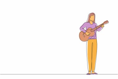 Akustik gitar çalan genç bir kadının sürekli çizdiği bir çizgi. Müzikal gösterilerinde telli çalan genç bir müzisyen kız. Profesyonel müzisyen. Tek çizgi tasarım vektör grafik çizimi