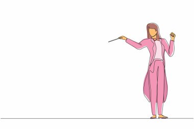 Tek sıra halinde kadın müzik orkestrası şefi. Smokin giymiş, kol hareketleri olan bir bayan müzisyen. Etkileyici orkestra şefi performans sırasında orkestrayı yönetir. Tek çizgi çizme tasarım vektörü