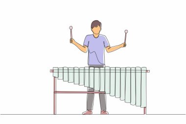Devamlı tek çizgi halinde perküsyoncu adam marimba çalıyor. Genç erkek müzisyen müzik festivalinde geleneksel Meksika marimba enstrümanı çalıyor. Tek çizgi tasarım vektör grafik çizimi