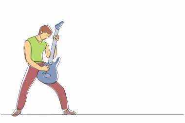 Elektro gitar çalan genç bir müzisyenin sürekli çizdiği bir çizgi. Gitar çalan bir adam. Gitarist sahnede müzik enstrümanı çalıyor. Tek çizgi tasarım vektör çizimi