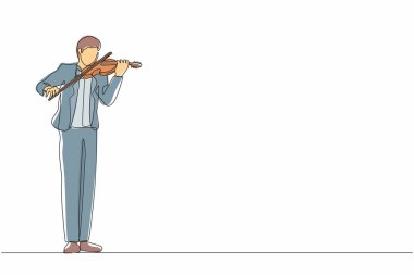 Sürekli keman çalan müzisyenlerin çizdiği tek çizgi. Müzik enstrümanı olan klasik bir müzisyen. Keman çalan takım elbiseli bir erkek müzisyen. Bir çizgi grafik tasarım vektör çizimi