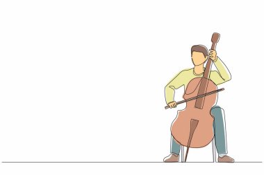 Kaçak mallarla oynayan genç bir erkek oyuncu çiziyor. Çello çalan çellocu, klasik müzik enstrümanı çalan müzisyen. Aralıksız çizgi çizimi tasarım grafik vektör çizimi