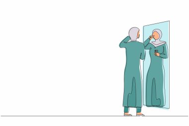 Sürekli olarak, resmi tesettüre bürünmüş Arap iş kadını aynanın önünde selfie çekiyor. Kadın selfie çekiyor. Akıllı telefon ve internet bağımlılığı. Tek çizgi çizme tasarım vektörü