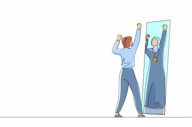 Bir satırda narsist Arap iş kadını aynaya bakıyor, kendini altın madalyayla, kendine güvenle yansıtıyor. Aralıksız çizgi çizimi tasarım grafik vektör çizimi