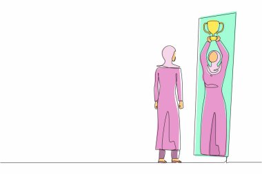 Bir satırda Arap bir iş kadınının ayna yansımasında kupayı kaldırarak kendini mutlu ve başarılı göstermesi. İş hayatında başarı ve kazanma. Devamlı çizgi tasarım grafik vektörü