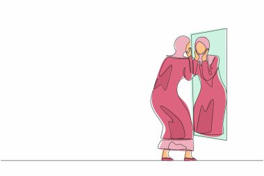 Yansıma aynasında yüzünü tutan tek bir Arap iş kadını çiziyor. Bir kadın banyo yaptıktan sonra yüzüne losyon sürüyor ya da yüzünü yıkıyor, aynaya bakıyor. Bir çizgi çizme tasarım vektörü