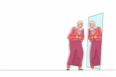 Tek sıra halinde, güzel Arap iş kadını aynaya bakıyor, kendine bir bak, resmi kıyafet düğmesini düzeltiyor, kendini çalışmaya hazırlıyor. Bir çizgi tasarım vektörü