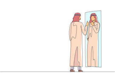 Tek sıra halinde çizen Arap işadamı, aynadaki yansımasına başparmak pozuyla bakmayı seviyor. Aynadaki adam, çekici, kendine güvenen. Bir çizgi çizimi grafik tasarım vektörü