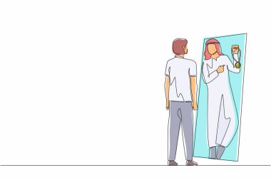 Arap işadamının sürekli olarak aynaya baktığı ve elinde altın madalyayla kendini yansıttığı bir çizgi var. Kendini gözünde fazla büyüten biri. Kendine güveni. Tek çizgi çizme tasarım vektörü