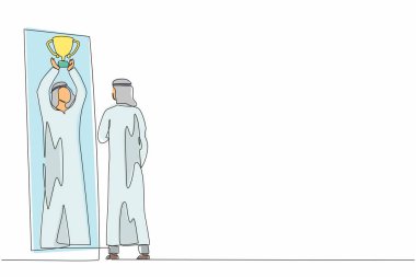 Arap işadamının sürekli çizdiği tek çizgi aynadaki yansımasında kupayı kaldırarak kendini mutlu ve başarılı gösteriyor. İş hayatında başarı ve kazanma. Bir çizgi grafik tasarım vektörü