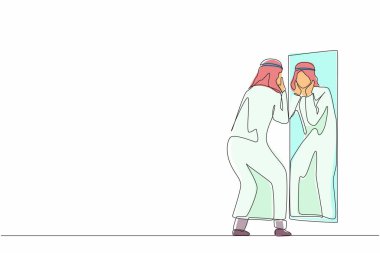 Yansıma aynasında yüzünü tutan Arap işadamını çizen tek sıra. Adam tıraş sonrası tıraş sonrası sakallara losyon sürüp aynaya bakıyor. Bir çizgi çizimi grafik tasarım vektörü