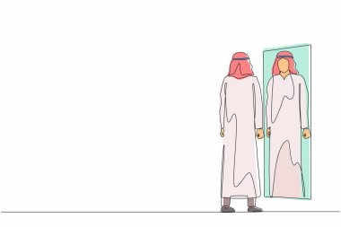 Arap işadamının çizdiği tek çizgi aynada kendine bakıyor. Tezgahtar ya da yönetici aynadaki yansımasına bakıyor ve kıyafetini değerlendiriyor. Devamlı çizgi tasarımı grafik vektör illüstrasyonu