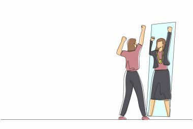 Narsist bir iş kadınının aynaya bakması ve kendini altın madalyayla yansıtması kendini abartması, kendine güveni. Bir çizgi tasarım vektörü