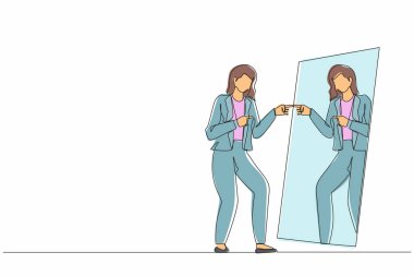 Mutlu narsist iş kadınlarının aynaya baktığı tek sıra. Kadın benlik yansıması. Narsisizm ve kibir. Bencillik, narsisizm, hayranlık. Bir çizgi grafik tasarım vektörü