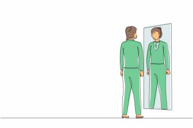 Tek sıra halinde iş kadını aynada kendine bakıyor. Tezgahtar ya da yönetici aynadaki yansımasına bakıyor ve kıyafetini değerlendiriyor. Bir çizgi grafik tasarım vektör çizimi