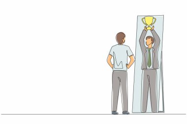 Aralıksız tek sıra halinde, kupayı kaldırarak kendine mutlu ve başarılı bir ayna yansıması çiziyor. İş hayatında başarı ve kazanma. Tek çizgi çizimi tasarım vektörü grafiği