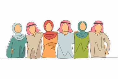 Tek sıra halinde sonsuza dek arkadaş çekeceğiz. Birlikte duran kızlarla oğlanlarla mutlu bir arkadaşlığa sarılmak. Bir grup Arap arkadaş, erkek ve kadın iyi ilişkiler. Bir çizgi grafik tasarım vektörü