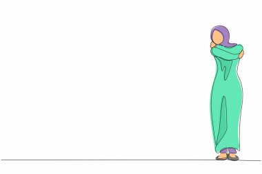 Sürekli bir çizgi kendini aşkla çiziyor. Arap kadın kendine sarılıyor, mutlu, olumlu, gülümsüyor. Güzel bir kadın kendine mutlu bir şekilde sarılıyor. Kendini sevme ve kendini koruma. Tek çizgi çizimi tasarım vektörü grafiği