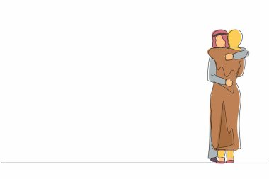 Tek sıra çizen genç bir Arap kadın kocasına sıcak bir şekilde sarılıyor, mutlu ve romantik bir ilişki içinde. Karı koca mutlu ve beraberler. Devamlı çizgi çizimi grafik vektörü