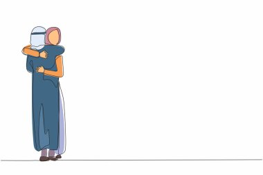 İş gezisinden dönerken sevgili kocasını kucaklayan heyecanlı bir eş çizgisi. Mutlu Arap çiftler yıldönümlerini kutluyor. Bir çizgi çizimi grafik tasarım vektörü