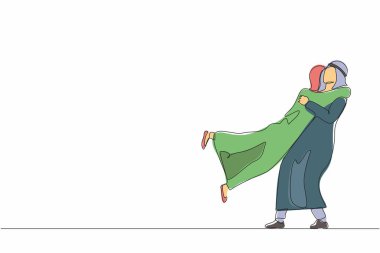 Tek sıra halinde mutlu bir Arap çift, sevgililerini kucaklıyor ve kollarıyla sarılıyorlar. Erkek kucağına atlayan tatlı bir kadın. İlişki, aşk, flört. Devamlı çizgi çizimi grafik vektörü