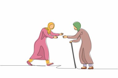 Sürekli bir çizgi halinde mutlu bir Arap kadını büyükannesiyle buluşmak için koşturuyor. Büyükbabamların evinde tatil. Anne, son sınıf öğrencisi, emekli, yaz tatili, tatil. Tek çizgi tasarım vektör çizimi