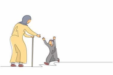 Sürekli bir çizgi halinde, Arap bir çocuğun büyükannesiyle ve büyükbabasıyla tanışmasını çekiyor. Mutlu aile büyükbaba ve büyükanneyi ziyaret ediyor. Torun büyükanneyi kucaklamak için koşuyor. Tek çizgi çizimi tasarım vektörü grafiği