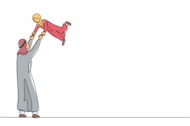 Tek sıra halinde, Arap bir babanın kızını taşıması. Babalar Günü aktivitesi, çocukların şefkat duyması, sevgi taşıması, çocuğunun uçmaktan ve oynamaktan zevk alması. Bir çizgi çizme tasarım vektörü