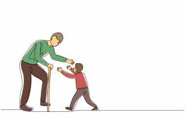 Tek sıra halinde küçük mutlu bir çocuğun büyükbabasına sarılmaya koşmasını çekiyor. Torun dedemleri ziyaret ediyor. Kıdemli adam torununa hoş geldin diyor. Bir çizgi grafik tasarım vektör çizimi