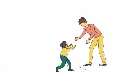 Sürekli bir çizgi halinde anne ve küçük kızı açık kollarla birbirlerine doğru koşuyorlar. Anne, kız, çocuk. Ebeveynlik, çocukluk, ebeveynlik kavramı. Tek çizgi tasarım vektör grafik çizimi