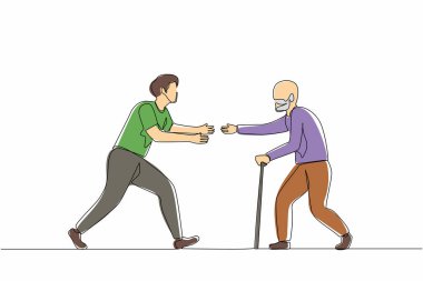 Sürekli bir çizgi halinde mutlu bir adam büyükbabayla buluşmak için koşuyor. Büyükbabamların evinde tatil. Baba, son sınıf öğrencisi, emekli, yaz tatili, tatil. Tek çizgi çizimi tasarım vektörü grafik çizimi