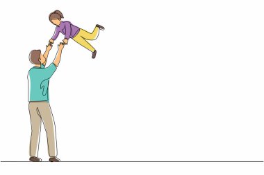 Tek sıra halinde çizen baba kızını taşıyor. Babalar Günü aktivitesi, çocukların şefkat duyması, sevgi taşıması, çocuğunun uçmaktan ve oynamaktan zevk alması. Devamlı çizgi tasarım grafik vektörü
