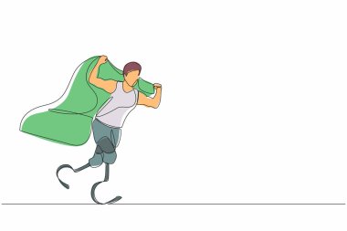 Aralıksız bir çizgi, engelli atlet çiziyor. Protez bacaklı sporcu bayrak tutuyor. Atletik erkek tezahürat yapıyor ve havada bayrak sallayarak koşuyor. Tek çizgi grafik tasarım vektörü