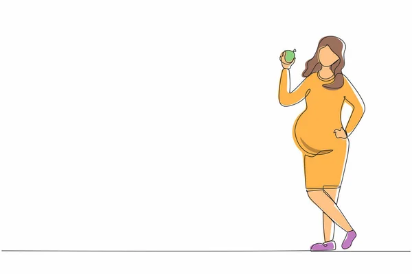 緑のリンゴを持って幸せな美しい妊婦を描く一本の連続線 妊娠中や母親のコンセプトは 健康的な新鮮な果物食品を食べる グラフィックデザインベクトル図を描く1行 — ストックベクタ