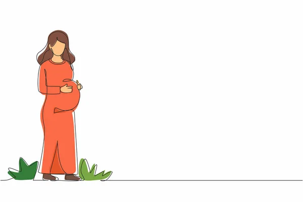 连续一行画快乐的孕妇抱着她的肚子 怀孕资源类型 积极适应怀孕女性性格 祝你怀孕愉快单行绘图设计矢量图解 — 图库矢量图片