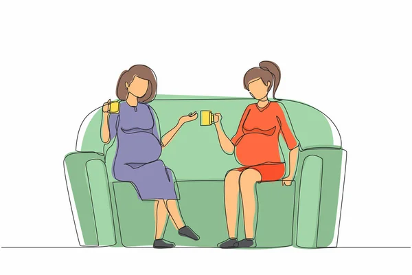 Jedna Linia Rysująca Dwie Dziewczyny Siedzące Kanapie Piją Herbatę Rozmawiają — Wektor stockowy