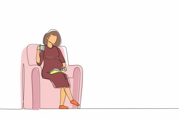 Single Continuous Line Drawing Pregnant Young Woman Sitting Sofa Reading — Stock Vector