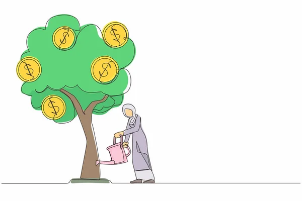 Para Ağacı Illüstrasyonuyla Sürekli Tek Bir Yatırımı Çizimi Arap Kadın — Stok Vektör