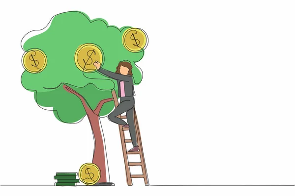 Para Ağacından Dolar Toplayan Bir Kadını Para Fabrikası Büyümesi Finansal — Stok Vektör