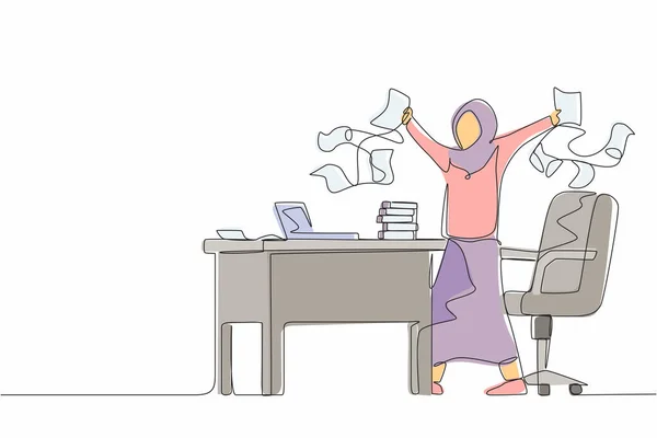 Una Sola Línea Continua Dibujando Feliz Mujer Negocios Árabe Líder — Vector de stock
