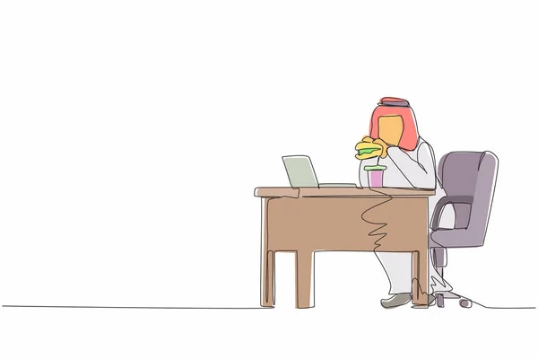 单行画肥胖的阿拉伯人用笔记本电脑吃汉堡包快餐不健康的生活方式超重的男性自由职业者坐在工作场所 连续线绘图设计矢量 — 图库矢量图片
